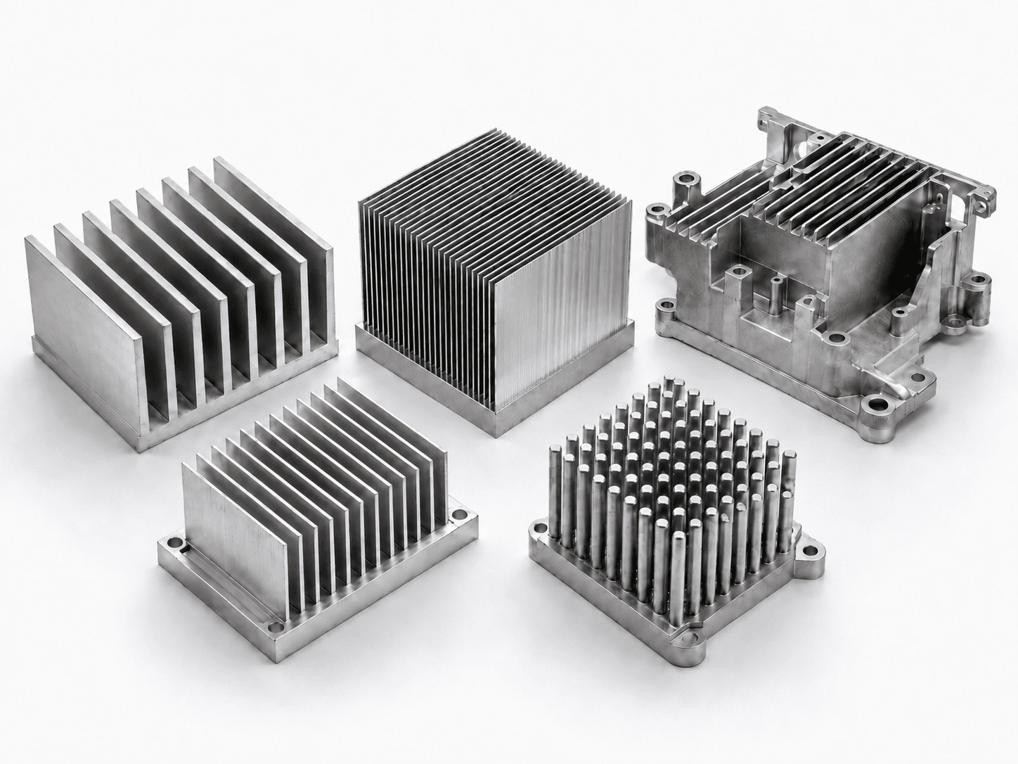 Extruded, skived, bonded fin, die cast and forged heat sinks