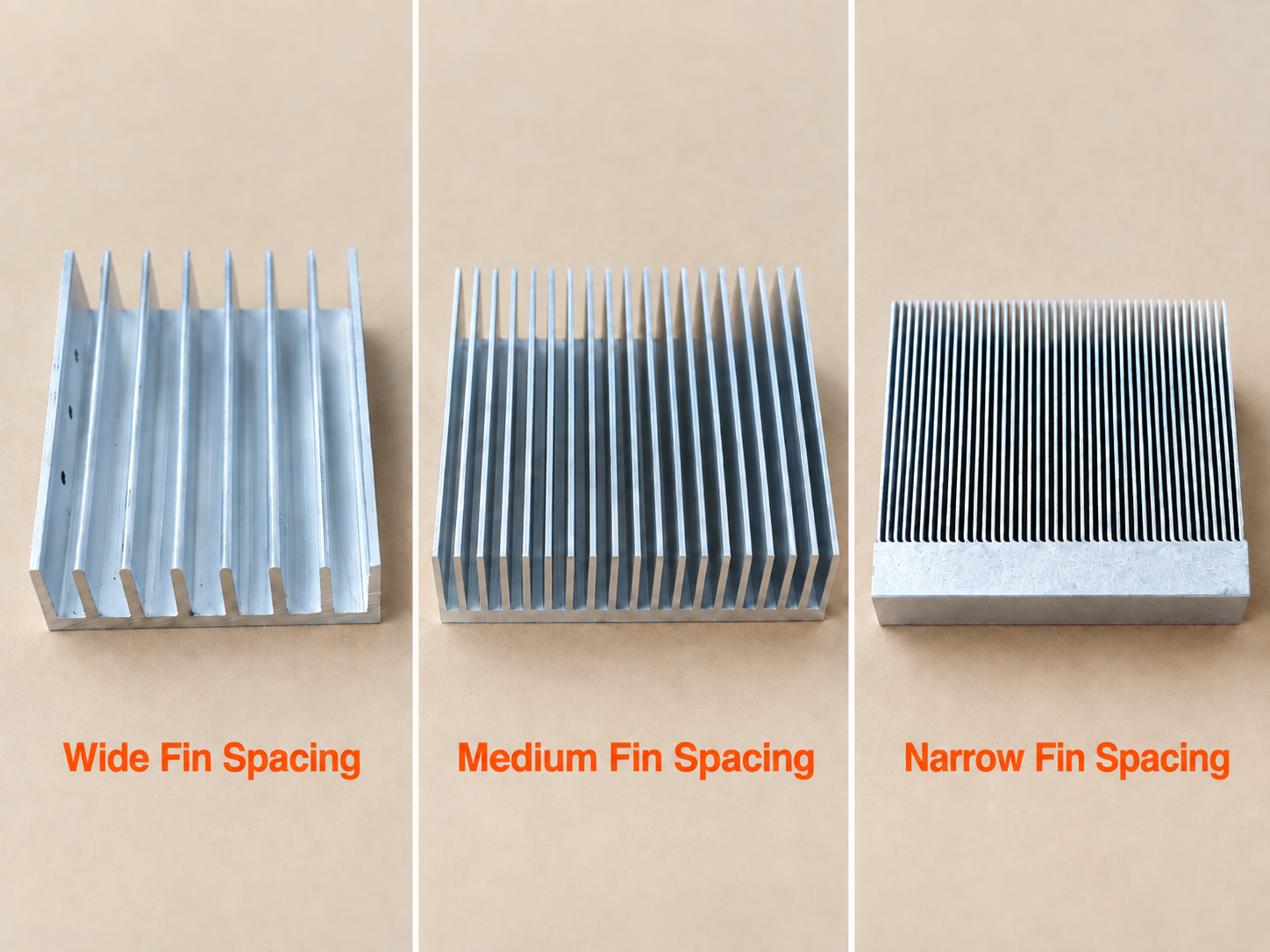 Aluminum heat sinks showing wide, medium, and narrow fin spacing