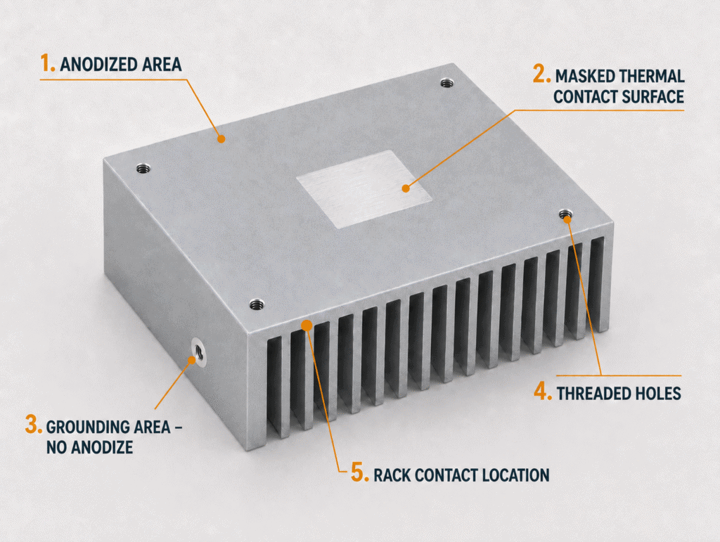 Heat sink anodizing masking requirements for thermal contact, grounding, threaded holes, and rack contact areas