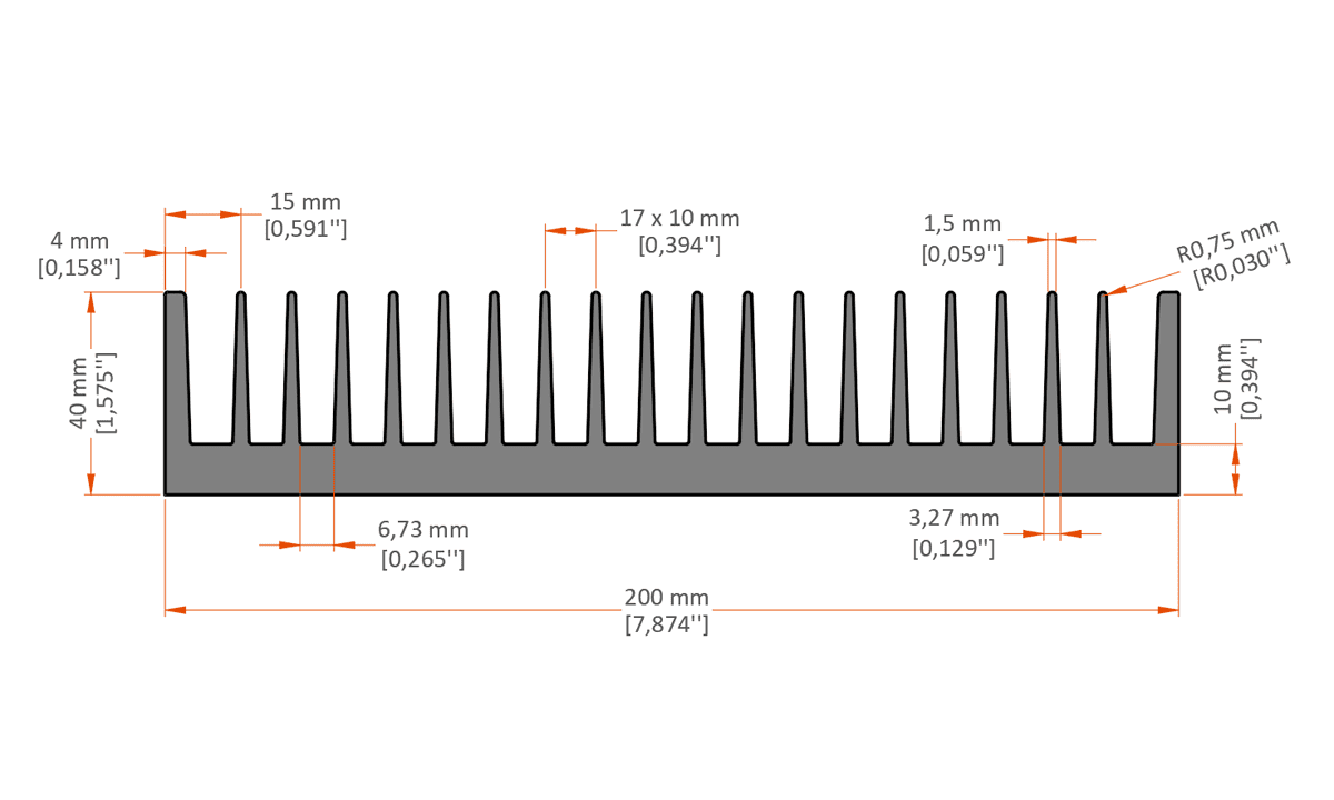 XHS-200001 heat sink extrusion profile showing width height and base thickness