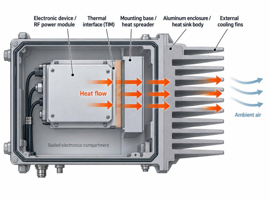 Thermal path from an RF power module through TIM, aluminum enclosure, and external cooling fins to ambient air