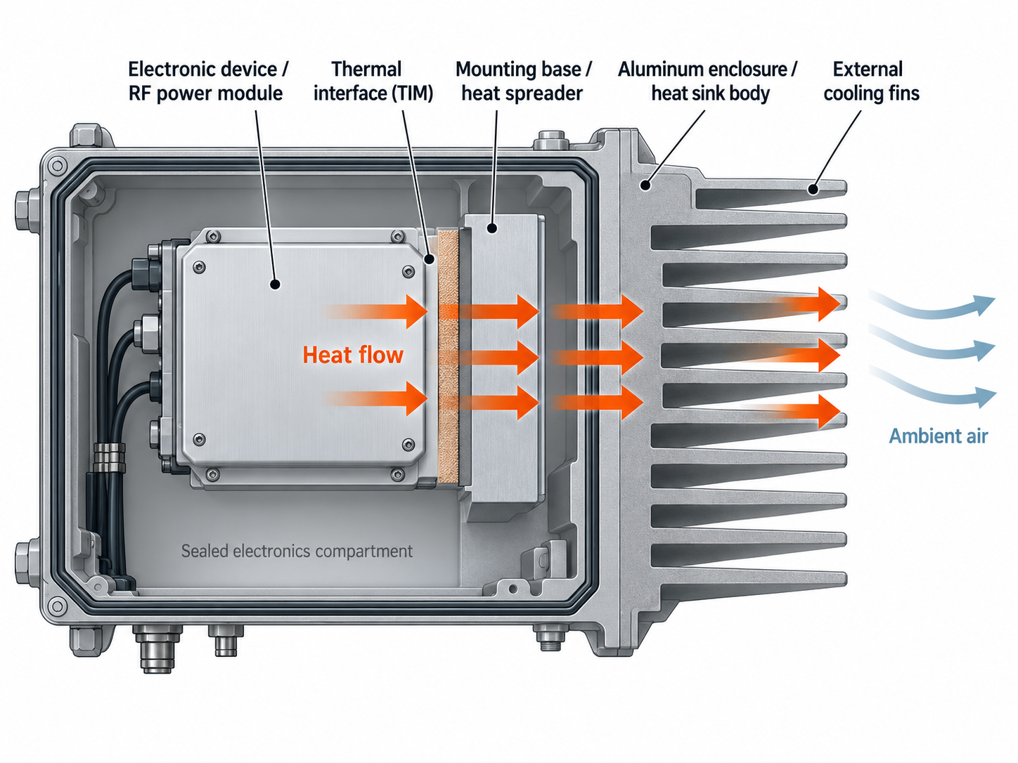 Thermal path from an RF power module through TIM, aluminum enclosure, and external cooling fins to ambient air