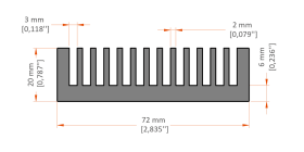 XHS-070001 aluminum heat sink extrusion profile, 72 mm wide × 20 mm high