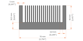 XHS-070002 aluminum heat sink extrusion profile, 70 mm wide × 36 mm high