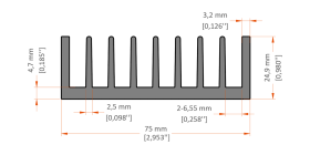 XHS-070003 aluminum heat sink extrusion profile, 75 mm wide × 24.9 mm high