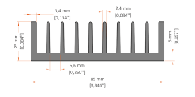 XHS-080001 aluminum heat sink extrusion profile, 85 mm wide × 25 mm high