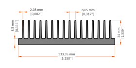 XHS-130002 aluminum heat sink extrusion profile, 133.35 mm wide × 34 mm high