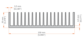 XHS-150001 aluminum heat sink extrusion profile, 150 mm wide × 35 mm high