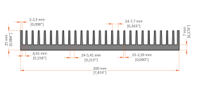 XHS-200002 aluminum heat sink extrusion profile, 200 mm wide × 25 mm high