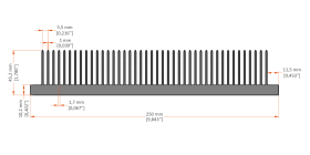 XHS-250002 aluminum heat sink extrusion profile, 250 mm wide × 45.2 mm high